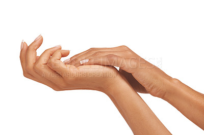 Buy stock photo Woman, hands and palm in studio with skincare for cosmetics, manicure or nail treatment for wellness. Person, fingers or mock up space for cosmetology, moisturiser and smooth skin on white background