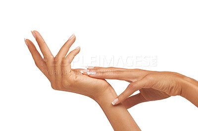 Buy stock photo Smooth, moisturized and touching hands for skincare isolated on a white background in a studio. Soft, glow and a woman feeling a hand after a manicure or beauty treatment for wellness of skin