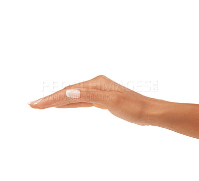 Buy stock photo Woman, hand and nails in studio with skincare for cosmetics, manicure or nail treatment for wellness. Person, fingers or mock up space for cosmetology, moisturiser and smooth skin on white background