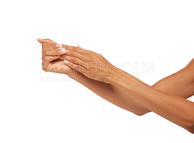 Buy stock photo A young woman feeling her silky, smooth skin while isolated on a white background