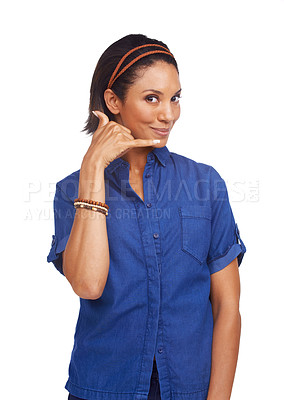 Buy stock photo Studio portrait, communication and woman call me, hand gesture and symbol for news, networking or conversation. Emoji chat icon, contact sign and girl discussion, speaking or talk on white background