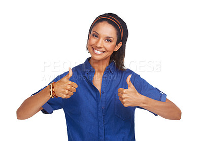 Buy stock photo Woman, thumbs up and portrait or smile in studio for good news support, agreement or vote yes. Female person, face and hand gesture on white background for mockup space for winning, approval or like