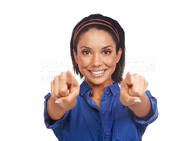 Buy stock photo Studio portrait, happy woman and pointing at you, choice or decision for promotion winner, selection or volunteer. Face, hand gesture and person smile for recruitment isolated on white background