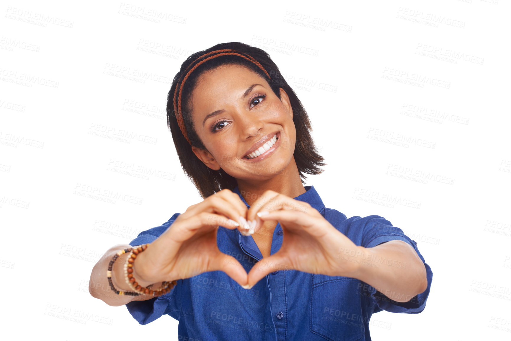 Buy stock photo A beautiful african-american woman giving you a heart sign