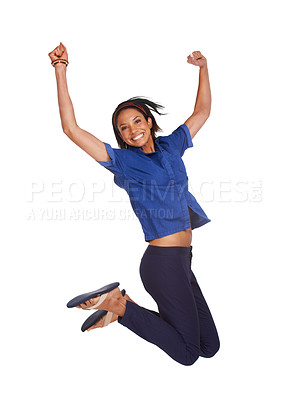 Buy stock photo A young african american woman leaping into the air while isolated on white