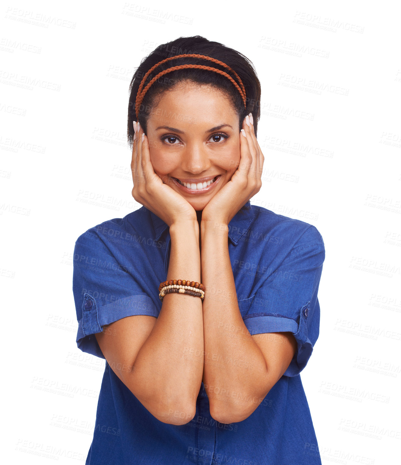 Buy stock photo A nervously excited young woman with her hands on her face - isolated