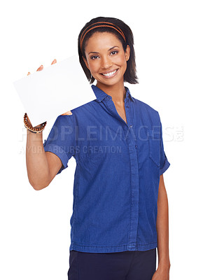 Buy stock photo Woman, portrait and poster mockup in studio for information, advertising or white background. Female person, face and board placard for presentation or announcement promotion, news or communication