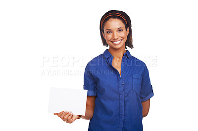 Buy stock photo Woman, portrait and poster as mockup space in studio on white background for advertising, information or announcement. Female person, face and board placard for presentation, news or communication