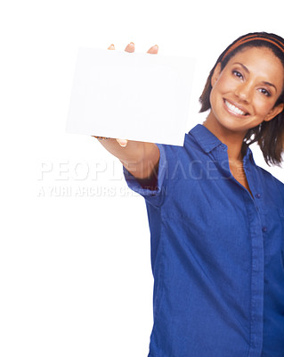 Buy stock photo Woman, portrait and poster mockup in studio for announcement on white background, advertising or information space. Female person, face and board placard for presentation, about us or idea promotion