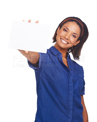 Buy stock photo Woman, portrait and poster mockup space in studio on white background for advertising, information or announcement. Female person, face and board placard for presentation, about us or idea promotion