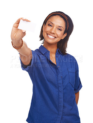 Buy stock photo An african-american woman showing you a blank card while isolated on a white background