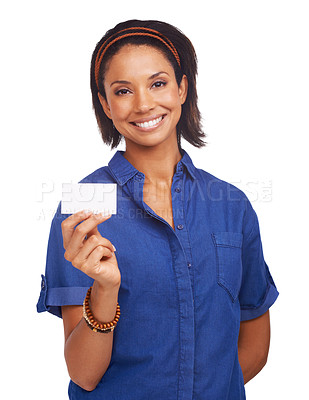 Buy stock photo Business card, blank paper and black woman portrait in a studio with entrepreneur info and smile. Confidence, African female person and professional with mockup for service and white background 