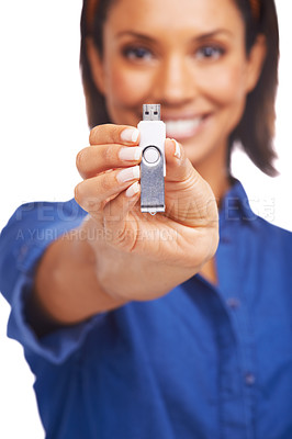 Buy stock photo Happy portrait, woman or USB memory for digital transformation of information technology, media or backup transfer. Storage hardware stick, studio electronics or model flash drive on white background