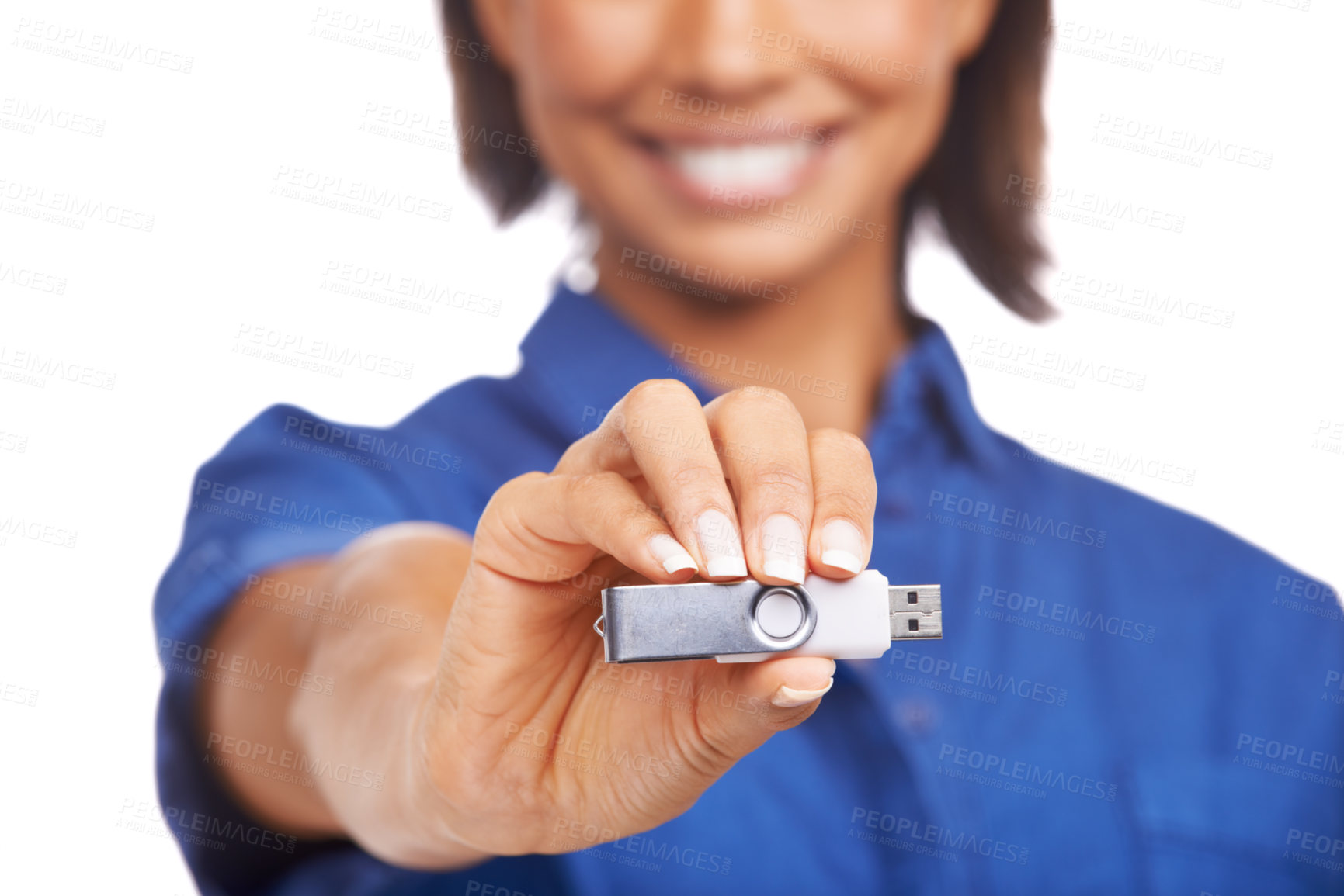 Buy stock photo An african-american woman showing you a USB stick