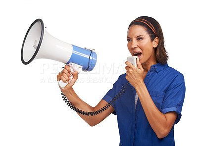 Buy stock photo Megaphone communication, angry and woman scream, talking or broadcast speech on racism, human rights or empowerment. Protest rally, bullhorn announcement voice and studio speaker on white background