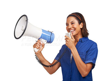 Buy stock photo Megaphone communication, studio woman and happy for broadcast speech on sales promo, breaking news or discount deal. Announcement voice, advertising notification and speaker chat on white background