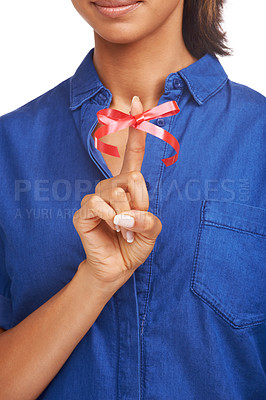 Buy stock photo Red, ribbon and bow on finger for reminder of event, commitment or sign remember a task. Attention, symbol and  icon on hand to notice date of appointment or helping to alert memory of person