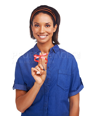 Buy stock photo A beautiful woman with her finger wrapped in a ribbon - isolated