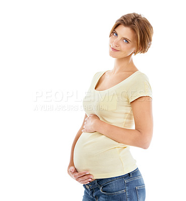 Buy stock photo Mom, happy woman portrait and pregnant stomach holding with love, happiness and smile from pregnancy. Young, mother, care and hands on abdomen to show loving mama with calm lifestyle with mock up