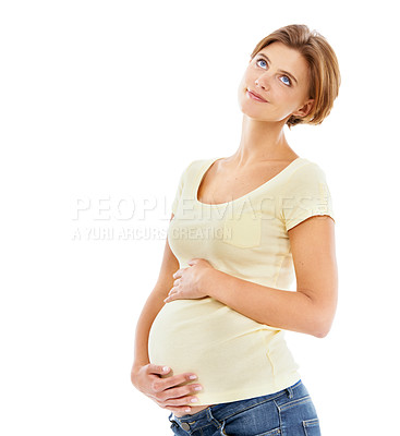 Buy stock photo Think, portrait and woman pregnancy with stomach holding to show love, care and smile for child. Pregnant, thinking and calm mother with loving hands on abdomen with happiness for baby with mockup