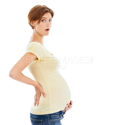 Buy stock photo Pregnant woman, hands and stomach portrait for maternity support, baby wellness and mother love or trust in white background studio. Pregnancy, young girl and hand on belly for mom healthy lifestyle