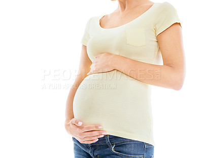 Buy stock photo Mom, pregnancy and woman touch her stomach with care, love and loving parenting. Mother hands, motherhood and mama hand holding her abdomen to show loving protect gesture for baby with mock up