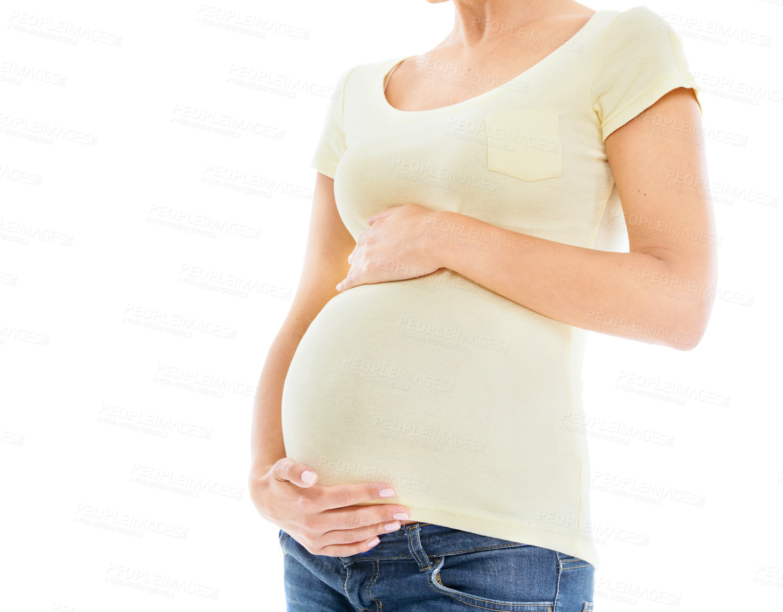 Buy stock photo Mom, pregnancy and woman touch her stomach with care, love and loving parenting. Mother hands, motherhood and mama hand holding her abdomen to show loving protect gesture for baby with mock up