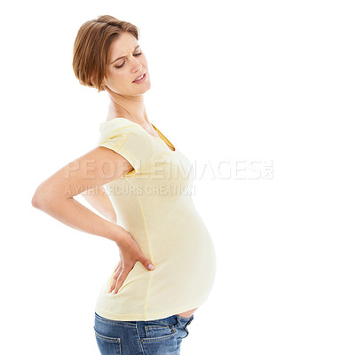 Buy stock photo Woman, pregnant and back pain in studio by white background with frustrated face, hands and massage. Pregnant woman, future mother and stomach with injury, backache or isolated self care for wellness