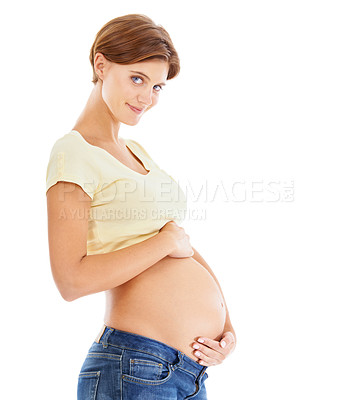 Buy stock photo Healthy, woman and pregnancy stomach portrait pregnant with love, care and happy smile. Happy mother, young mama and loving hands on abdomen feeling calm about new baby and mom lifestyle with mockup