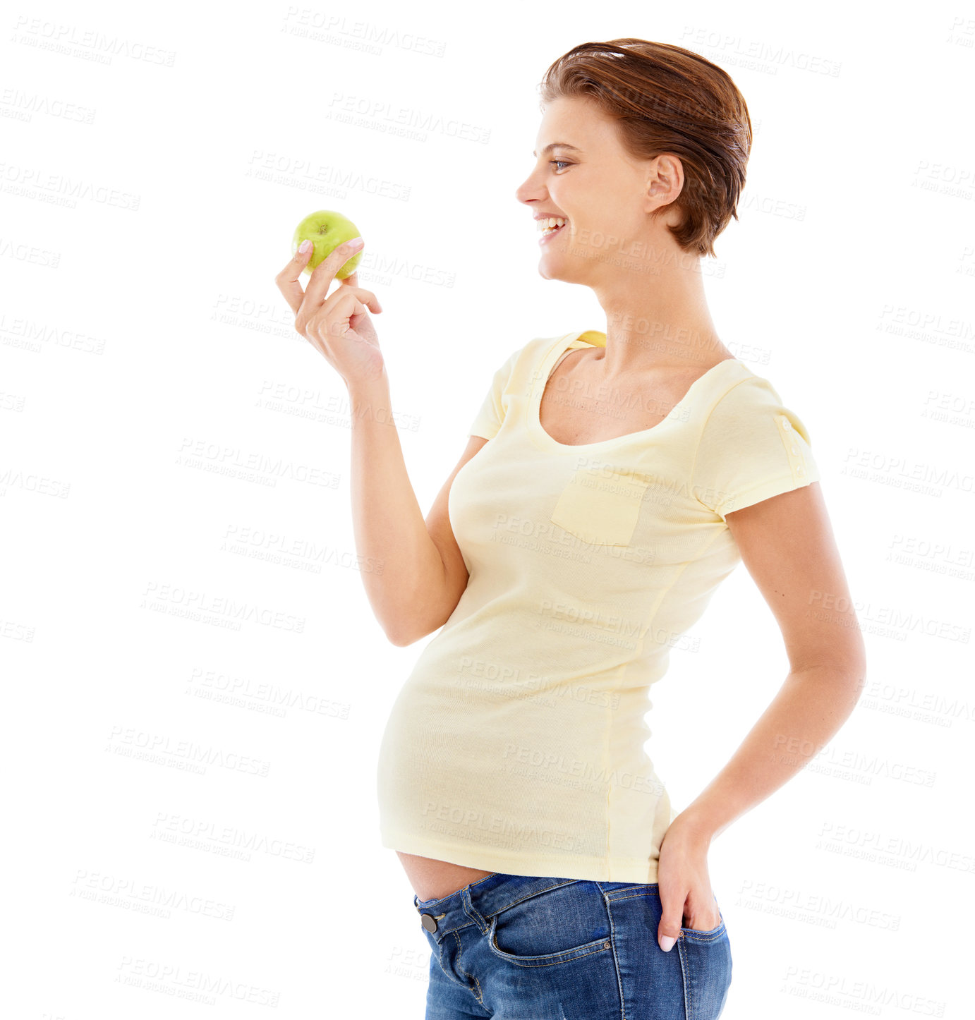 Buy stock photo Happy, pregnant and health of woman with apple for wellness, diet and nutrition marketing. Cheerful smile of pregnant woman holding fruit for healthy lifestyle snack with white studio mockup