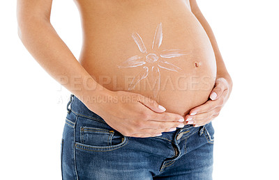Buy stock photo Pregnant woman, stomach and sunscreen cream on body, white background or beauty cosmetics. Skincare, pregnancy abdomen and lotion of sun protection, aesthetic wellness and healthy maternity in studio