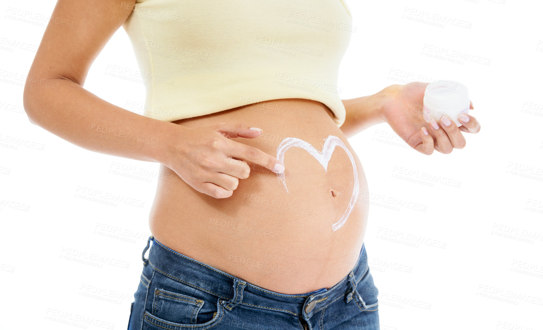 Buy stock photo Pregnant woman, abdomen and cream with heart, white background and body cosmetics. Skincare, pregnancy stomach and lotion for stretch marks, aesthetic wellness and healthy maternity for studio beauty