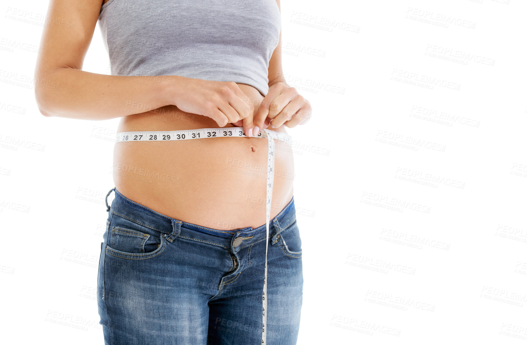 Buy stock photo Pregnant, measuring tape and stomach in studio as woman check growth, development and health on mockup. Abdomen, wellness and pregnant woman self care, diet and healthy progress on white background
