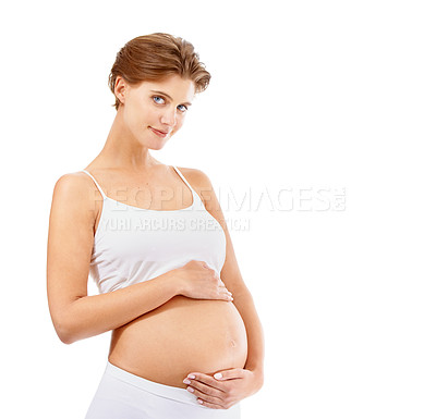Buy stock photo Mom, pregnant woman and portrait of mama with holding stomach with mothers love and smile for baby. Happy mother, pregnancy and hands on abdomen to show loving protect gesture for child with mock up