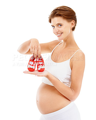 Buy stock photo Baby shoes, pregnant woman and mother portrait with happy smile and pregnancy stomach. Young, healthy and happiness of a mom excited about clothing for babies and motherhood family care for child