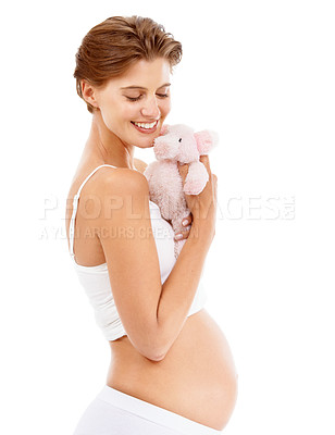 Buy stock photo Pregnancy, baby teddy bear and happy woman with love and big stomach smile with child toy. Mothers love, pig doll and pregnant mama happiness with excited with about child care, motherhood and family