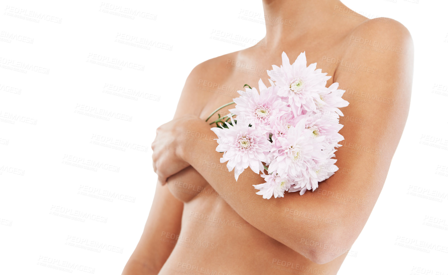 Buy stock photo Flowers, body and beauty with a woman in studio covering her breasts on a white background for cancer awareness. Wellness, nude and luxury with a female posing to promote natural breast health