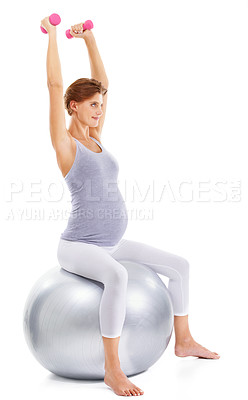 Buy stock photo Fitness, pregnancy and girl with dumbbells on ball for maternity wellness, healthy lifestyle and wellbeing. Sports, health and pregnant woman for workout, exercise and pilates with weights in studio