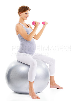 Buy stock photo Fitness, exercise and pregnant woman weightlifting on ball for maternal wellness, healthy lifestyle and wellbeing. Sports, pregnancy and girl in workout, training and pilates with dumbbells in studio
