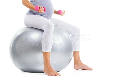 Buy stock photo Pregnancy workout, exercise ball and dumbbell in studio with woman for fitness, wellness and white background. Pregnant woman, muscle development and isolated training for future, health or self care
