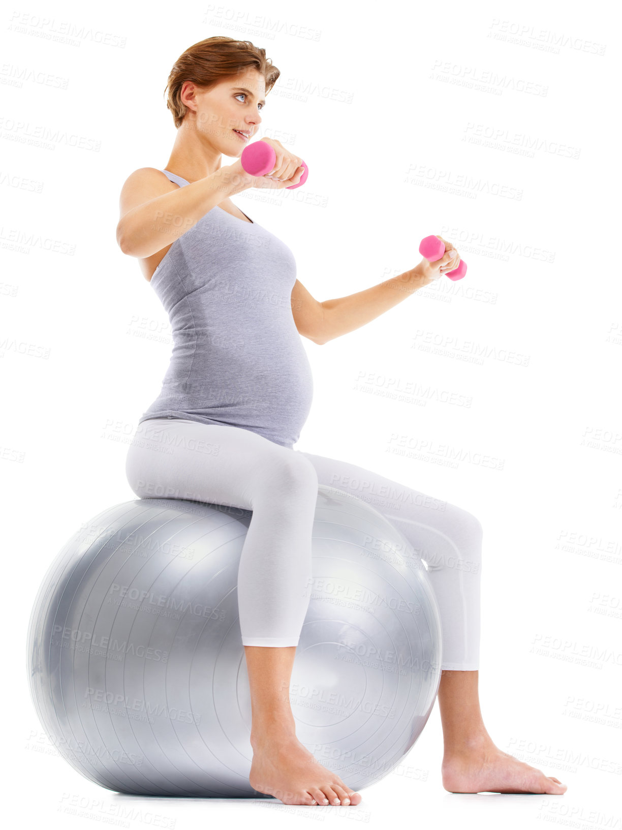 Buy stock photo Fitness, weightlifting and pregnant woman on gym ball for maternity wellness, healthy lifestyle and wellbeing. Sports, pregnancy and female for workout, exercise and pilates with dumbbells in studio