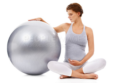 Buy stock photo Pregnant, woman and fitness ball with white background for exercise, pilates and wellness. Pregnancy, medicine ball and mother workout on studio background for healthy body, yoga training and energy