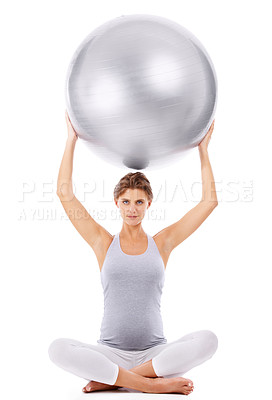 Buy stock photo Pregnant woman, portrait and exercise ball with white background for fitness, pilates and wellness. Pregnancy, medicine ball and workout in studio for healthy maternity, yoga training and body energy