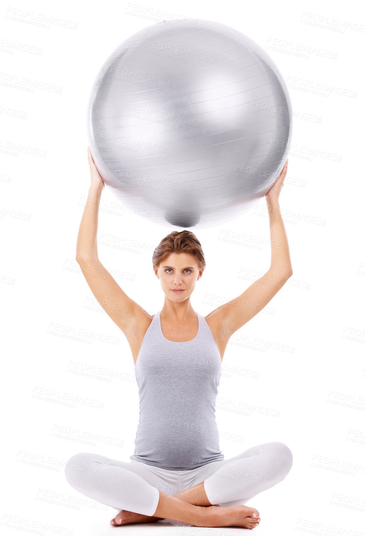 Buy stock photo Pregnant woman, portrait and exercise ball with white background for fitness, pilates and wellness. Pregnancy, medicine ball and workout in studio for healthy maternity, yoga training and body energy