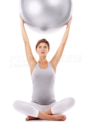 Buy stock photo Pregnant woman, lotus and exercise ball with white background for fitness, pilates and wellness. Pregnancy, medicine ball and workout in studio for healthy maternity, yoga training and body energy