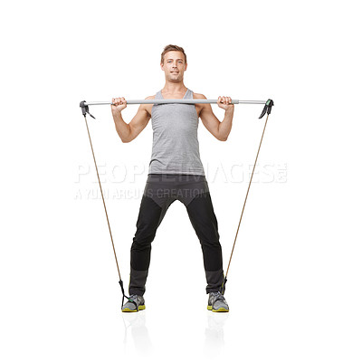 Buy stock photo Portrait, fitness and resistance band with a young man in studio isolated on a white background for health. Workout, exercise or wellness and a strong athlete training with equipment at the gym