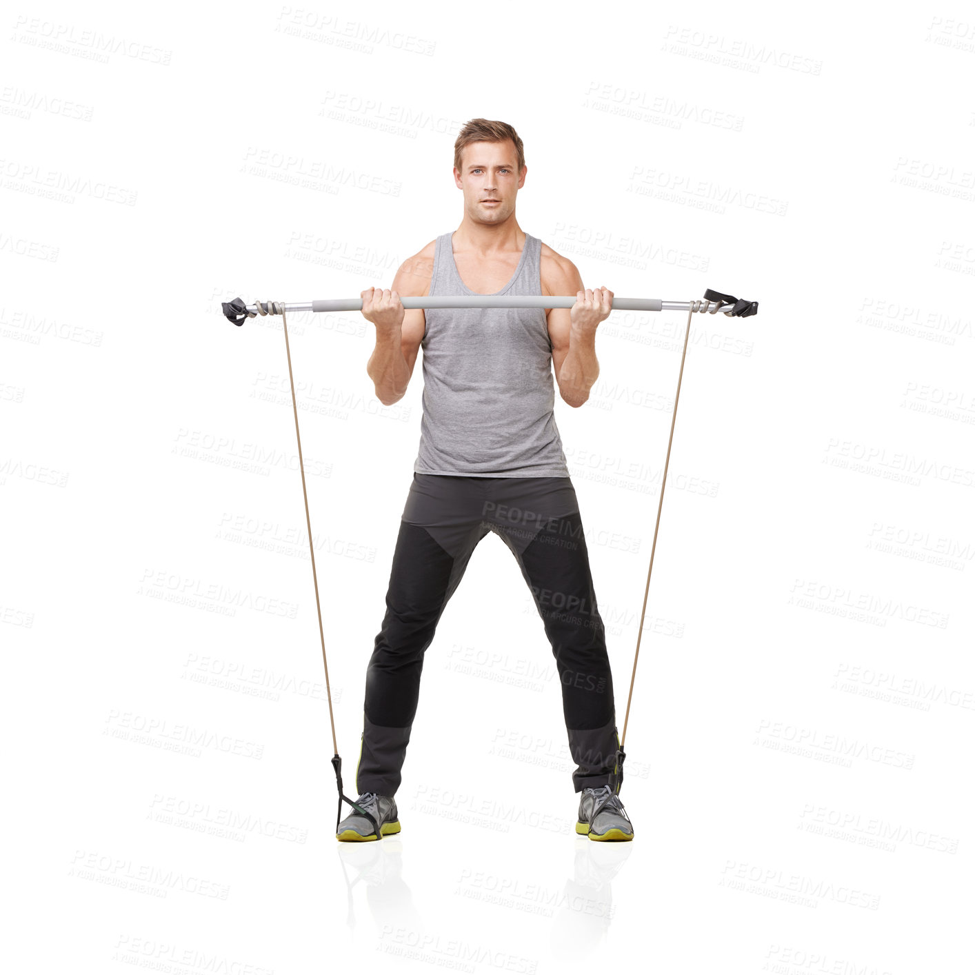 Buy stock photo Exercise, man and resistance band with portrait, training and fitness isolated on white studio background. Mockup space, person and model with workout, healthy and wellness with energy and stretching