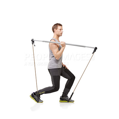 Buy stock photo Exercise, thinking and resistance band with a young man in studio isolated on a white background for health. Idea, fitness or performance and a strong athlete training with equipment for wellness