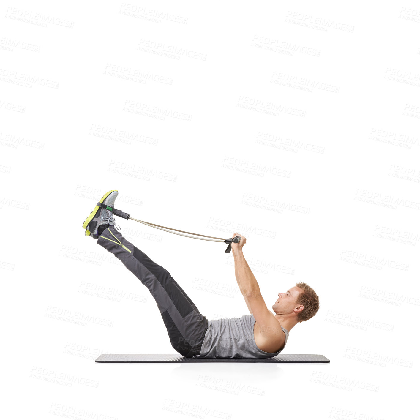 Buy stock photo Exercise, man and resistance band with fitness, healthy and wellness isolated on white studio background. Mockup space, person and model with workout, training and progress with energy and endurance