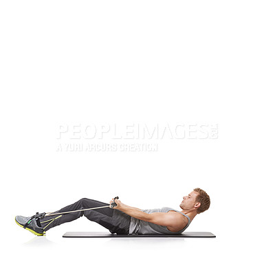 Buy stock photo Stretching, man and resistance band with fitness, training and wellness isolated on white studio background. Mockup space, person or model with workout, health and progress with exercise or endurance